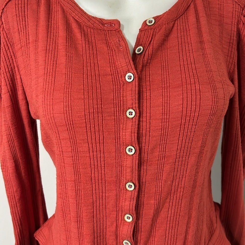 Pilcro Anthropologie Rust Red Button Up Ribbed Puff Sleeve Cardigan Top Sz S - Picture 5 of 15